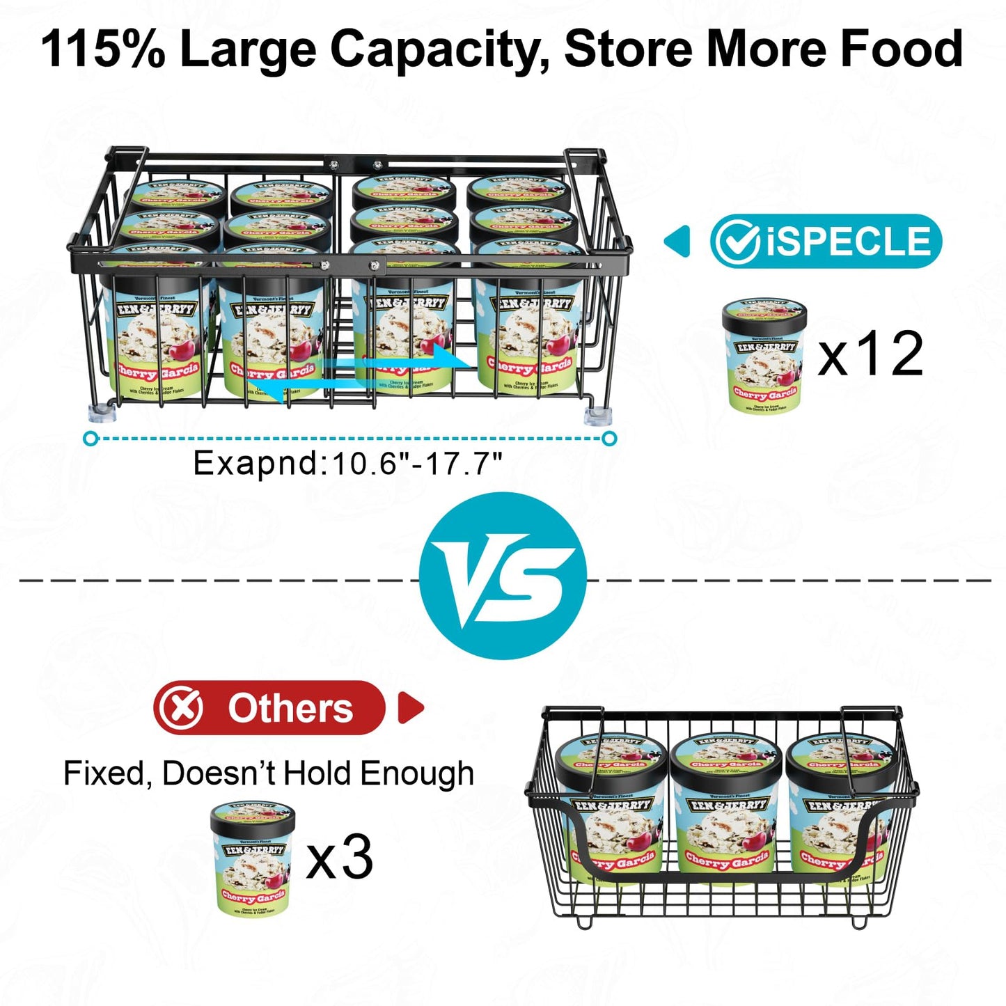 iSPECLE 4 Pack Freezer Organizer Bins - Fit 10 to 20 Cu.Ft Deep Freezer, Expandable Wire Storage Chest Freezer Baskets for Frozen Food, Stackable with Handles, Black