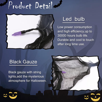 YAOZHOU Halloween Decorations String Lights Purple Indoor 30LED with Black Gauze Timer, 2 Mode Battery Operated 9.9Ft Creepy Cloth Spooky Lights, Gothic Party Room Decor(2Pack)