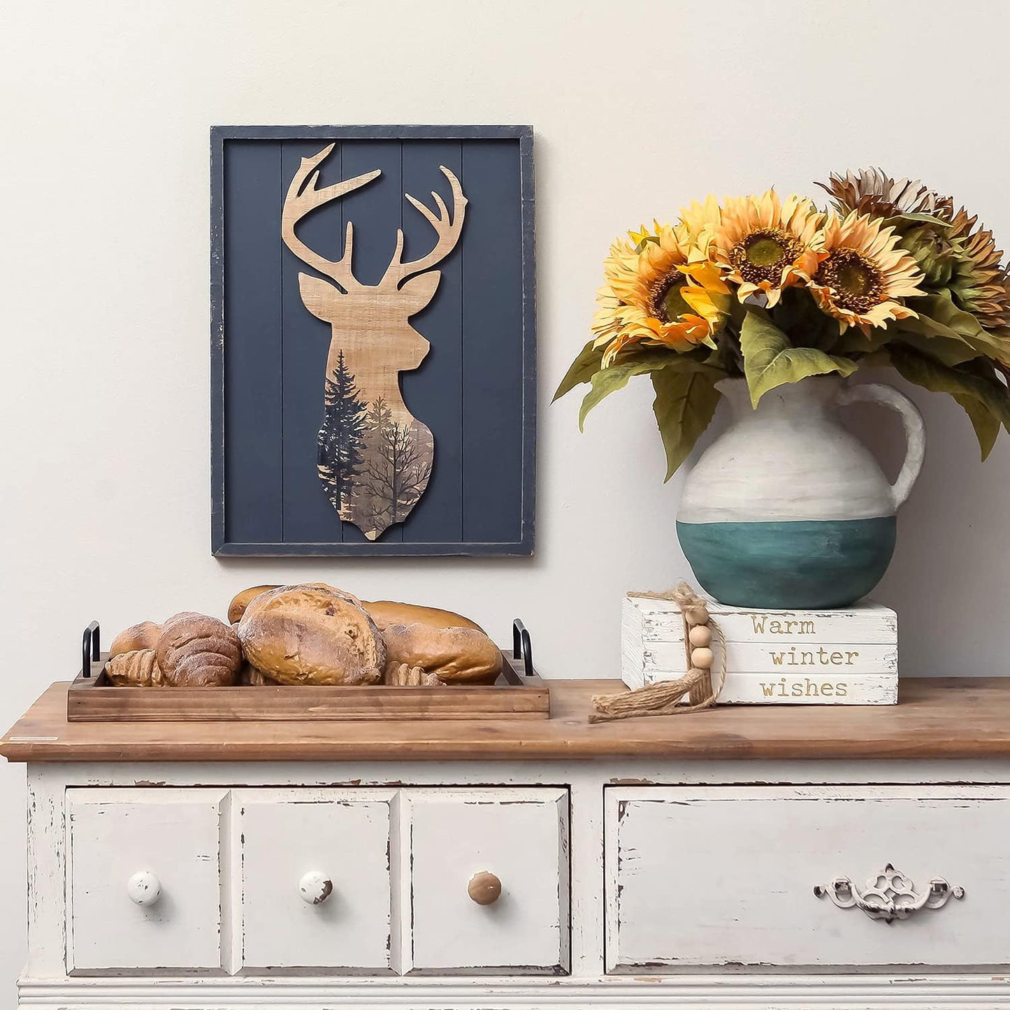 12 16 Inches NIKKY HOME Cabin Wall Decor, Decorative Deer Wood Framed Forest Mountain Woodland Wildlife Lodge Elk