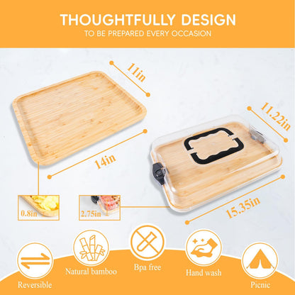ACCL Bamboo Charcuterie Board 1-Compartment with Locking Lid, Ergonomic Handle & Knives Set - Portable Food/Cheese Serving Tray, Reversible Cutting Board for Picnic, Party & Gatherings (Pack of 12)