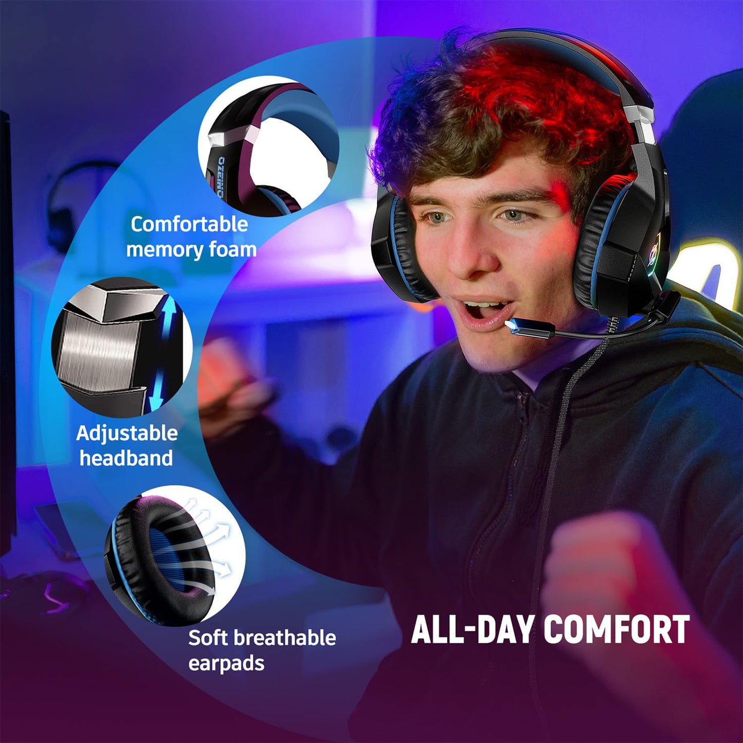 Ozeino Gaming Headset for PC, Ps4, Ps5, Xbox Headset with 7.1 Surround Sound, Gaming Headphones with Noise Cancelling Mic RGB Light Over Ear Headphones for Xbox Series X/S, Switch-Blue