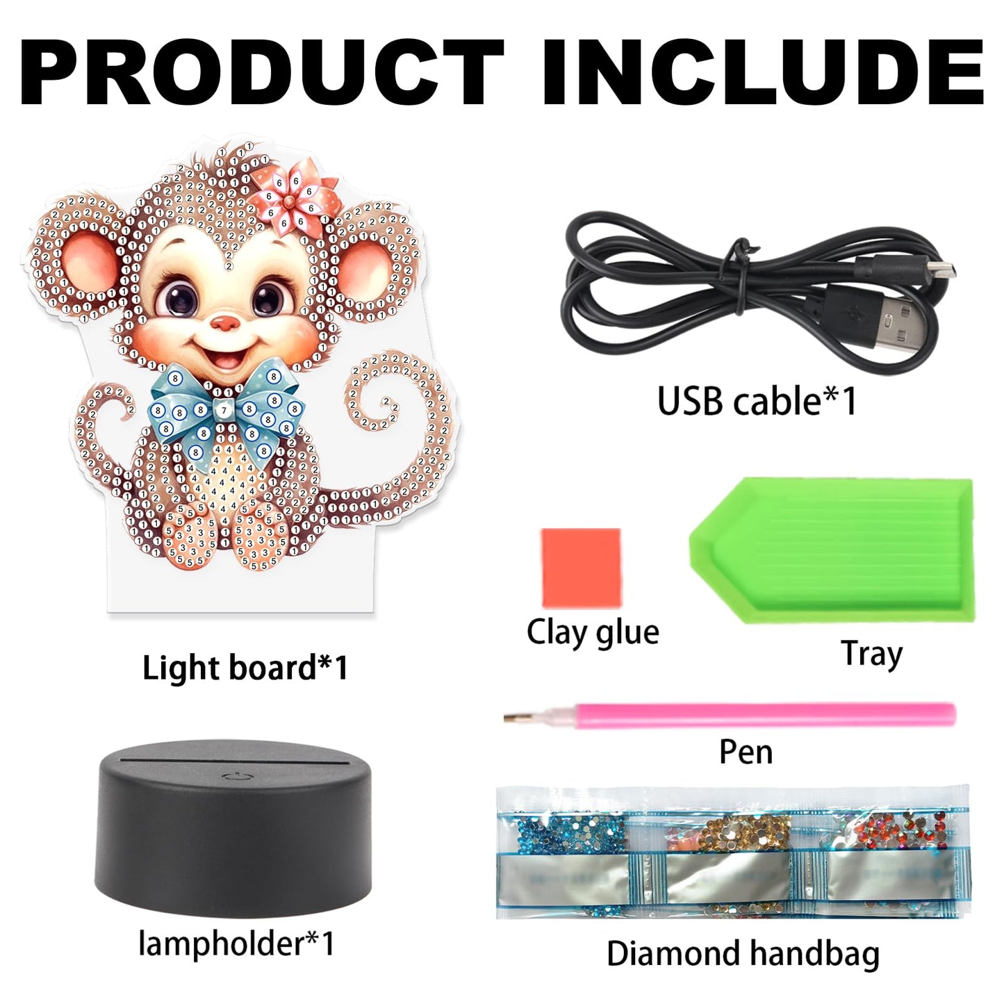 JZHYOAN Monkey Diamond Painting Night Light DIY Gem Painting Table Lamp Diamond Art Table Lamp Gift Light up Art Ornaments for Table Desk Bedroom Mosaic Cross-Stitch Set for Adult