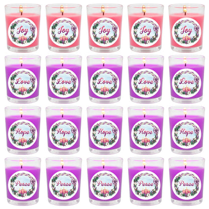 20 Packs Unscented Christmas Advent Votive Candles in Glass, Small Natural Soy Wax Colored Candles with 20pcs Stickers of Hope, Peace, Joy and Love - 5 Pink and 15 Purple