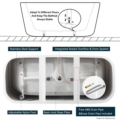 FerdY Maui 67" Acrylic Freestanding Bathtub, Contemporary Elegant Design Soaking Tub with Matte Black Drain and Minimalist Linear Design Overflow, Easy to Install