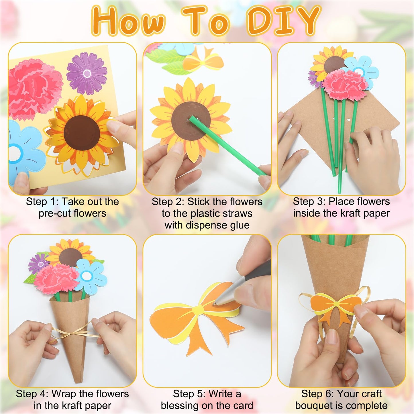 Motipuns 48 Set Flower Bouquet Craft Kit DIY Flower Mother's Day Paper Crafts Floral Bouquet Gifts Teacher Thankful Making Kit for Mothers Day Graduation Classroom Decoration Home School Activity