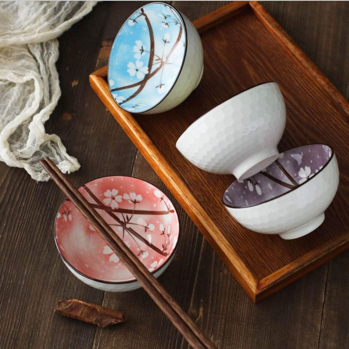 Set of 4 Mose Cafolo Japanese Style Ceramic Rice Bowls, Assorted Designs with Phum Flowers, Gift Box