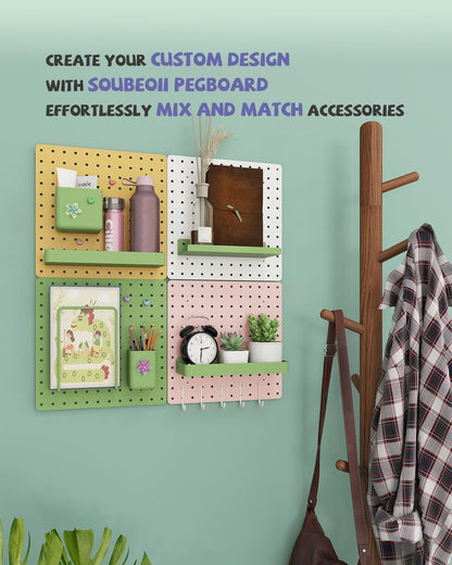 Soubeoii Metal Pegboard Combination Kit — 4 Carbon Steel Pegboards with 26 Accessories, Pegboard Wall Organizer for Home, Office, Study Room, Kitchen, Garage & Craft Room — 24″ × 24″ Pink Peg Board