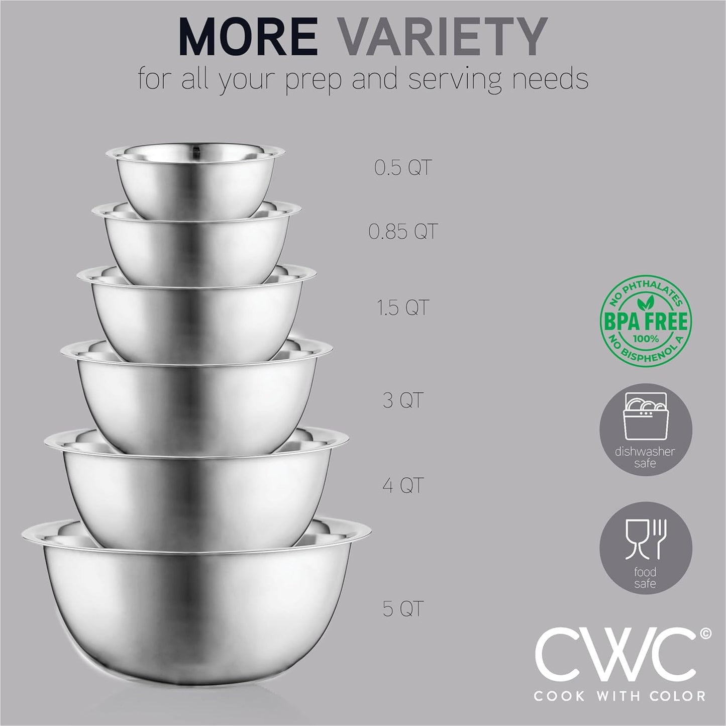 COOK WITH COLOR 6 Piece Stainless Steel Mixing Bowls Set, Nesting Prep and Mixing Bowls