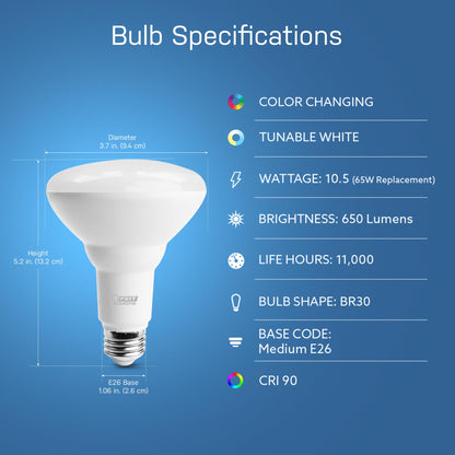 Feit Electric BR30 Smart Flood Light Bulb,2.4GHz WiFi Color Changing and Dimmable, No Hub, Works with Alexa or Google Assistant, BR30/RGBW/CA/AG, 65W, Multi-Color (RGBW), 1 Count (Pack of 1)