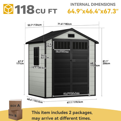 DWVO 6x4.4 FT Resin Storage Shed with Fence-Style and Side Windows, Lockable Door, and Vents Outdoor Storage Shed for Garden, Backyard, Patio, Lawn