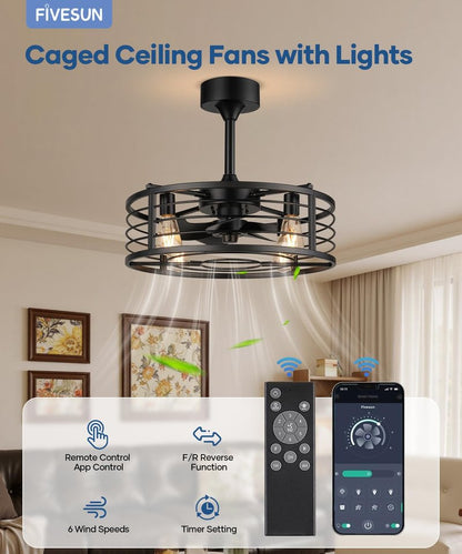 Fivesun 20" Caged Ceiling Fans with Lights and Remote, Fandelier Farmhouse Industrial Fan Lights Ceiling Fixtures Small Ceiling Fan with 6 Speeds and Timing for Kitchen, Bedroom, Outdoor-Black