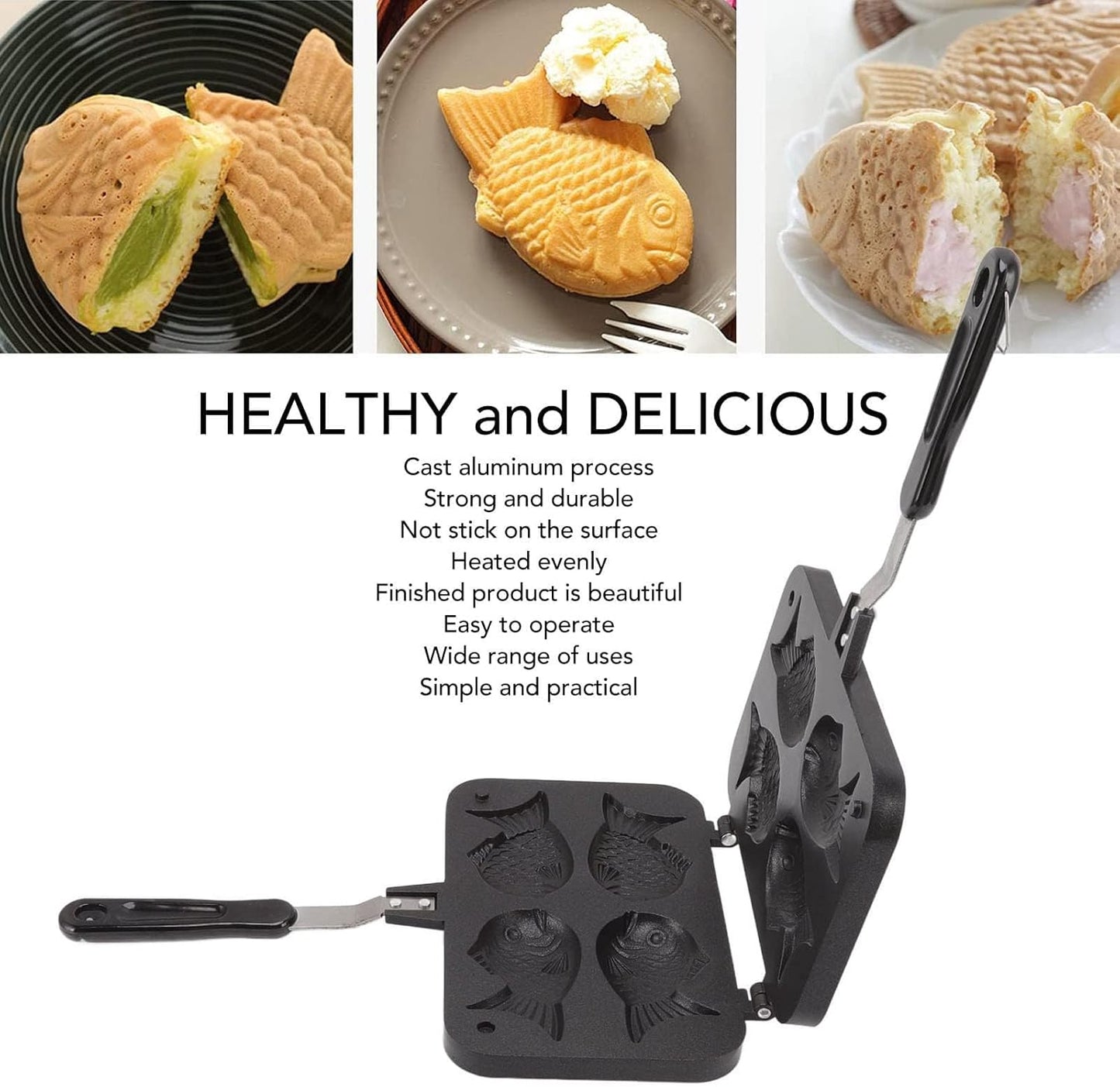 Taiyaki Fish Shaped Pancake Maker Pan, Non-Stick Double Baking Pan with 4 Fish for Kitchen Waffle Baking