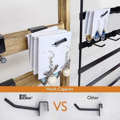 Ikee Design Wooden Jewelry Display Rack with 20 Removable Metal Hooks, Earring Card Display Holder Stand for Earring Cards, Necklaces, Bracelet, Keychain Stand, Oak Color