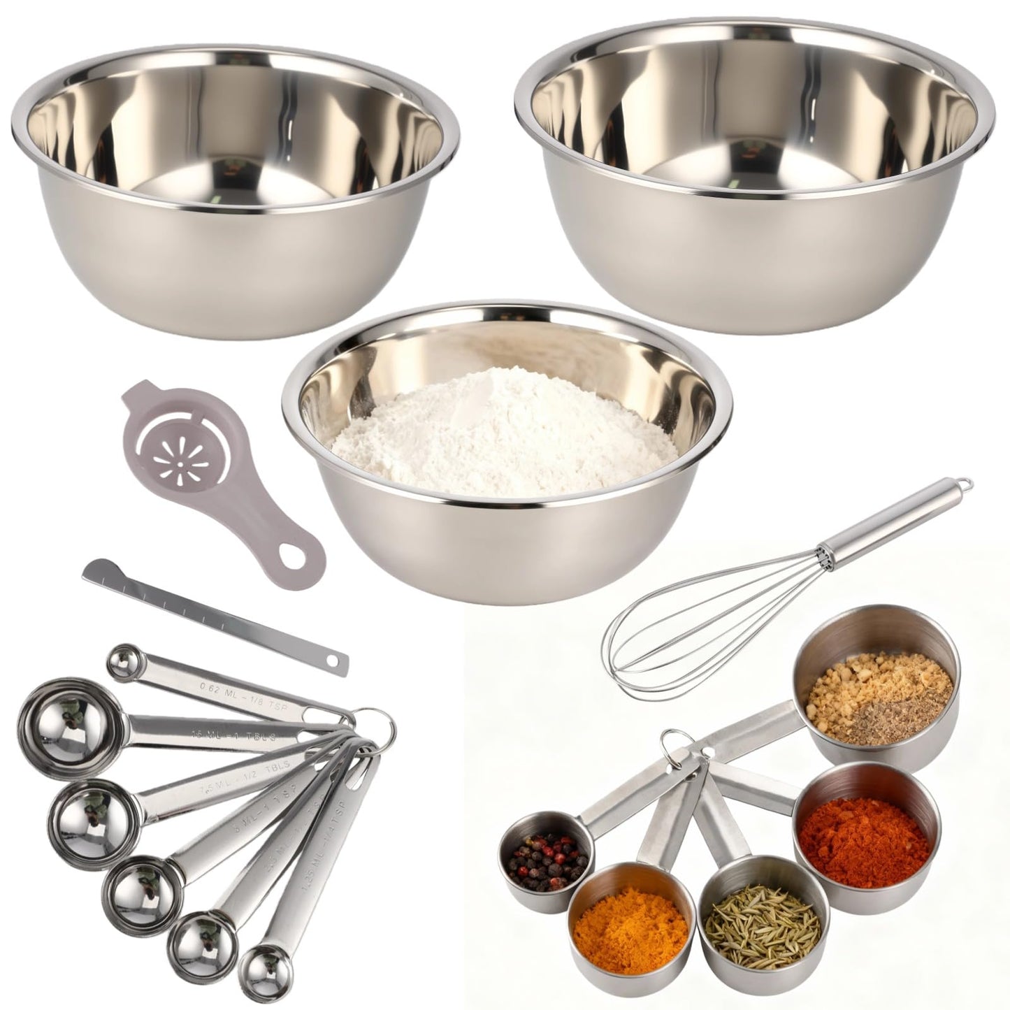 17 PCS Stainless Steel Mixing Bowls Set, Includes 3 Sizes Containers, 12 Measuring Tools, 10 in Whisk, Plastic Egg Separator, Essential Kitchen Utensil Set for Cooking, Baking, Meal Prep