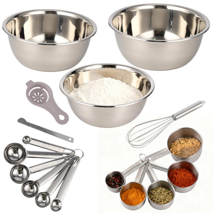 17 PCS Stainless Steel Mixing Bowls Set, Includes 3 Sizes Containers, 12 Measuring Tools, 10 in Whisk, Plastic Egg Separator, Essential Kitchen Utensil Set for Cooking, Baking, Meal Prep