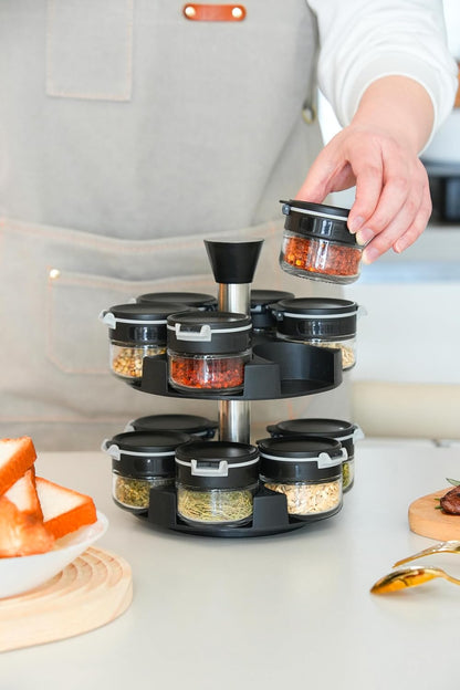 Aurakoa 360 2 12 (12 Counter rotating tier jars spice rack spice jars) Revolving Seasoning Organizer. Spinning Spice