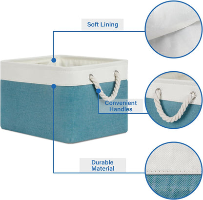 Temary Fabric Storage Baskets 4 Pack, Decorative Bins with Rope Handle for Gift, Clothes, Blankets (White & Teal,