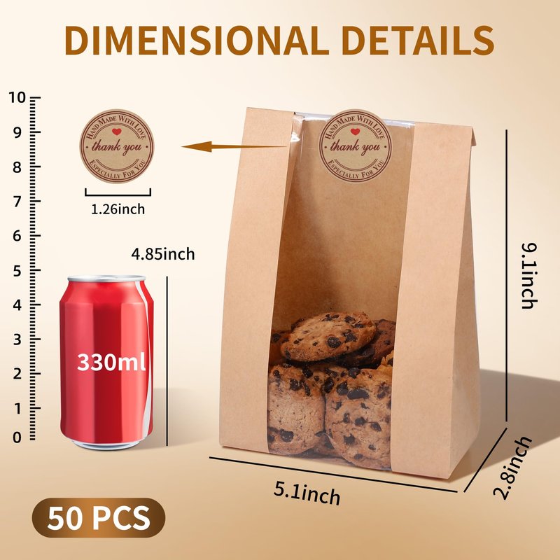 Bpole Cookie Bags with Seal - 50 PCS Small Bakery Bags with Window,5.1x2.8x9.1Inches Kraft Paper Cookie Treat Bag for Cookie Packaging Coffee Bean Snack Party