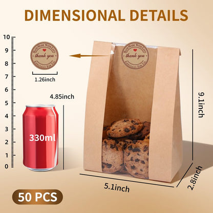 Bpole Cookie Bags with Seal - 50 PCS Small Bakery Bags with Window,5.1x2.8x9.1Inches Kraft Paper Cookie Treat Bag for Cookie Packaging Coffee Bean Snack Party