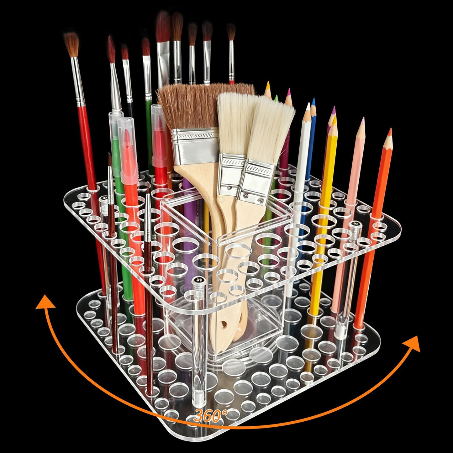 HESHUYU Rotating Paint Brush Holder 92 Holes and Large Compartment 360° Spinning Acrylic Paintbrush Holder Organizer Artist Brush Holder Watercolor Brush Stand Rack