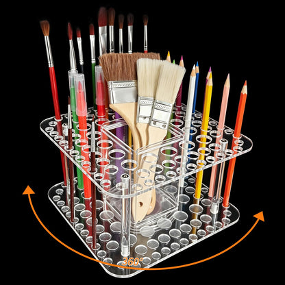 HESHUYU Rotating Paint Brush Holder 92 Holes and Large Compartment 360° Spinning Acrylic Paintbrush Holder Organizer Artist Brush Holder Watercolor Brush Stand Rack