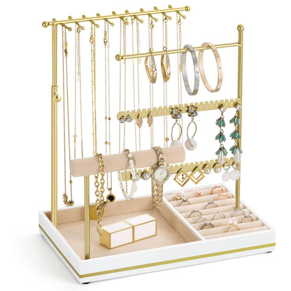 Emibele Jewelry Holder, Jewelry Organizer Stand Necklace Earrings Bracelet Holder, 5 Tier Jewelry Display Tower Rack with Metal Frame and Velvet Ring Tray, Aesthetic Jewelry Stand Gift for Women, Gold