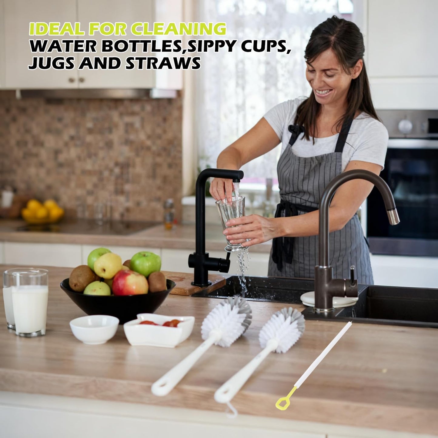 QLTUDN 2 Pack 14 Inch Bottle Brush & 12 Inch Straw Brush Cleaner Set - Heavy Duty Kitchen Bottle Brushes for Cleaning Water Bottles, Mugs, Sippy Cups & Tumblers, Lab Use (Large)