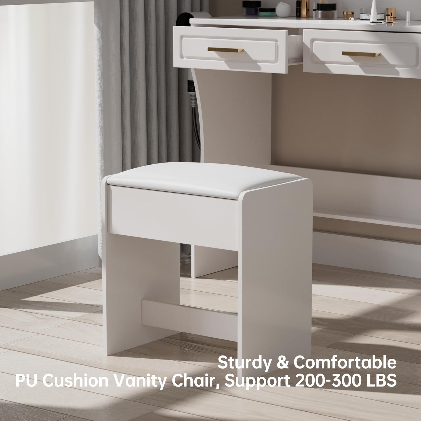 homesflex HMVD01-TES Modern White Makeup Vanity Desk with Adjustable Lights, Mirror, and Storage - Complete Vanity Set with Drawers, Shelves, and Stool