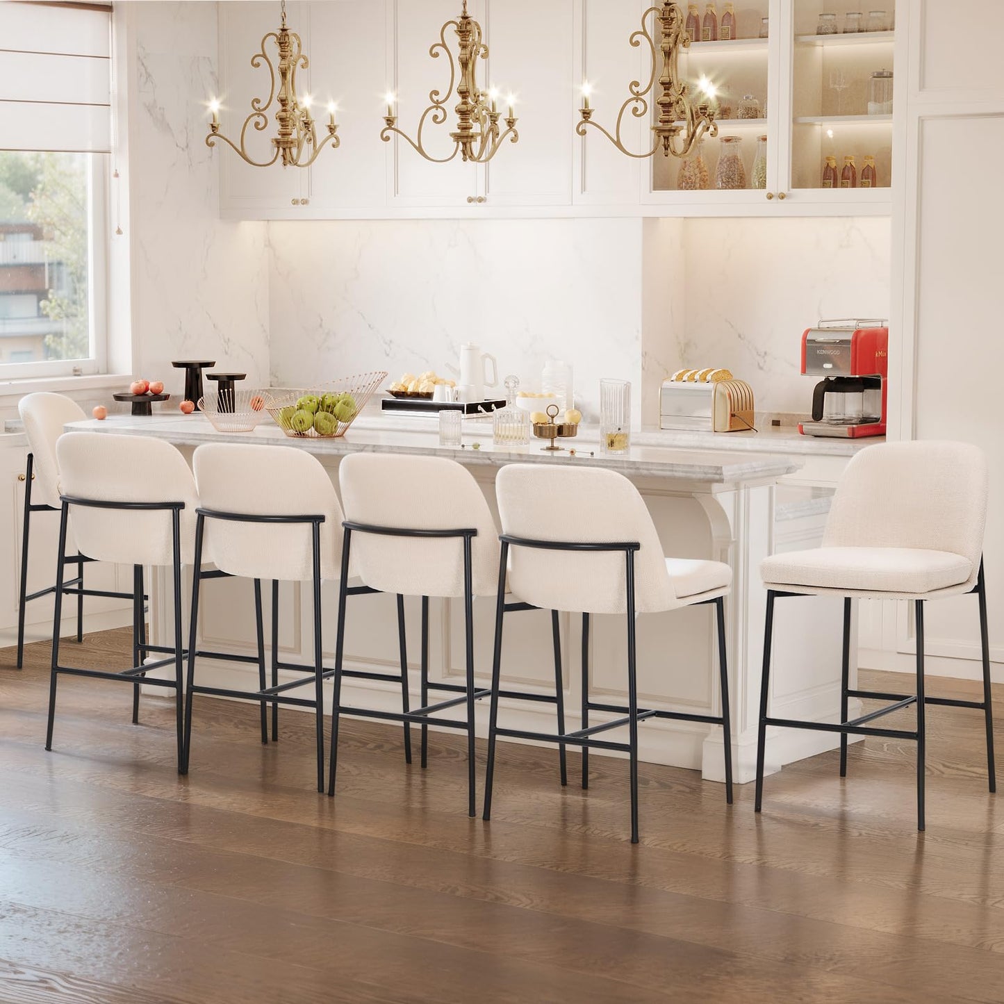 COLAMY Counter Height Bar Stools Set of 6, 25 Inch Modern Fabric Kitchen Island Stools with Back, Upholstered Counter Barstools Armless Bar Chairs with Metal Legs for Island Dining Room Bar,Beige