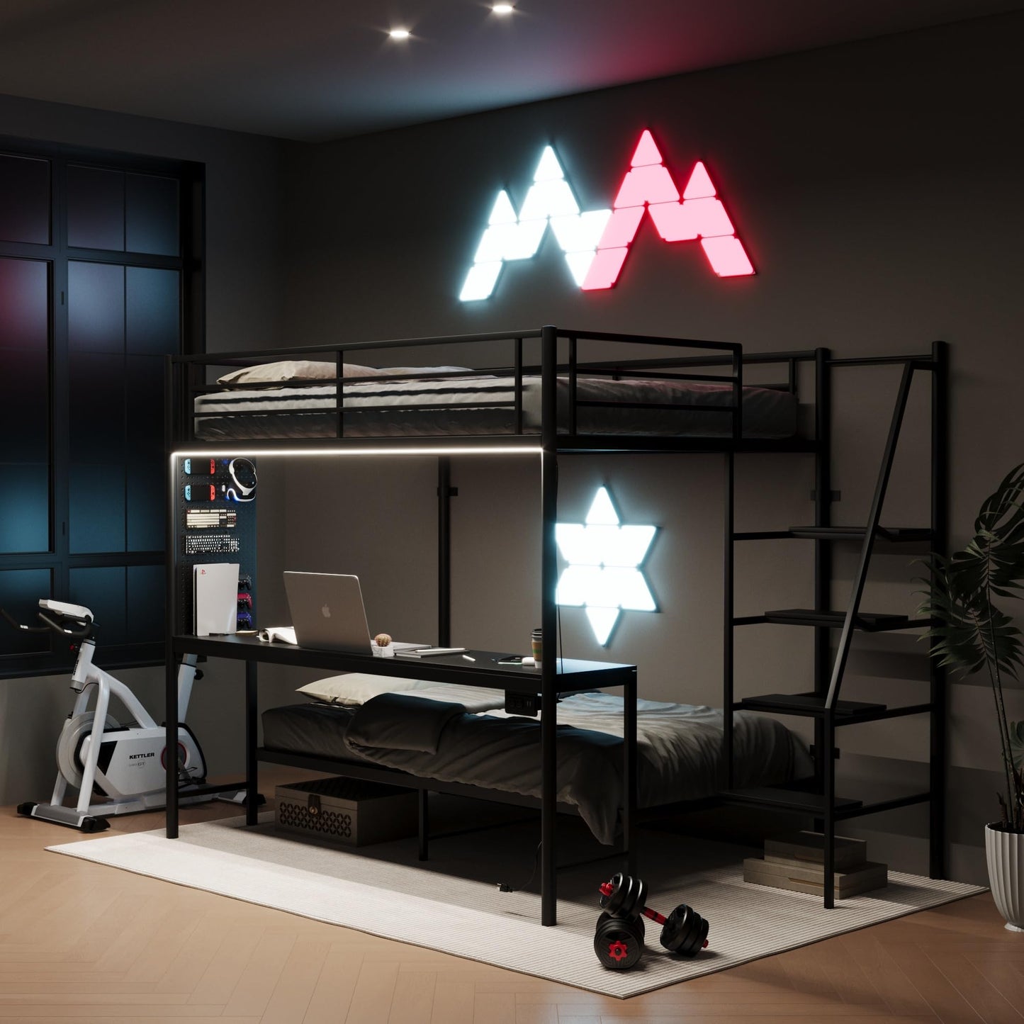 KEIKI Full Over Twin Bunk Bed with Charging Station, Metal Loft Bed with Desk & Safety Guard & Stairs, Metal Bed Frame for Kids, Teens, Adults, Black