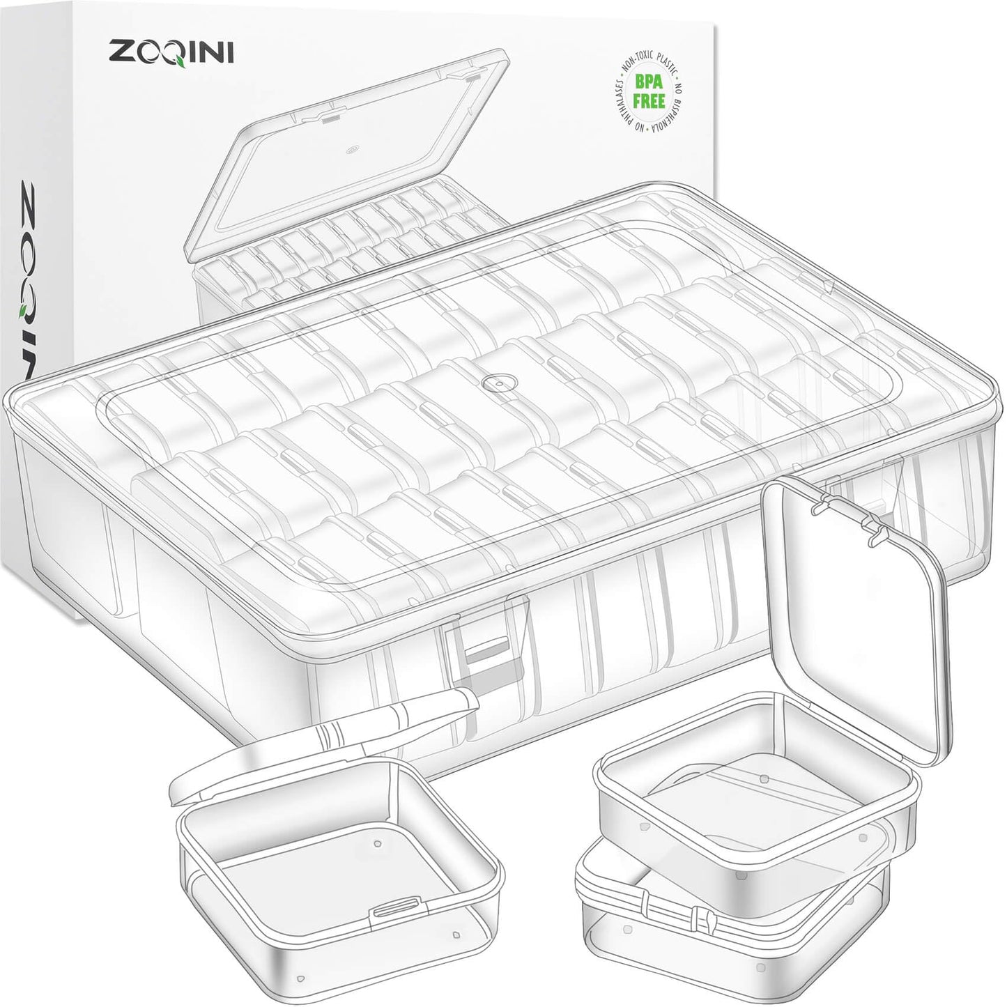 ZOQINI Bead Organizer and Storage Box, 30Pcs Small Clear Plastic Storage Containers 1 Large Craft Organizer Box 1 Sheet Label Sticker, Mini Storage Box for Jewelry Making Diamonds Arts Screws Seeds