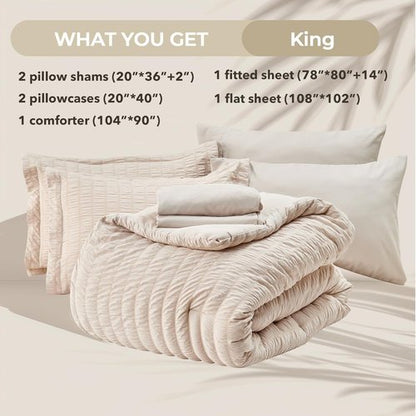 HYMOKEGE King Size Comforter Set - 7-Piece Seersucker Luxury Bedding in Beige for All Seasons