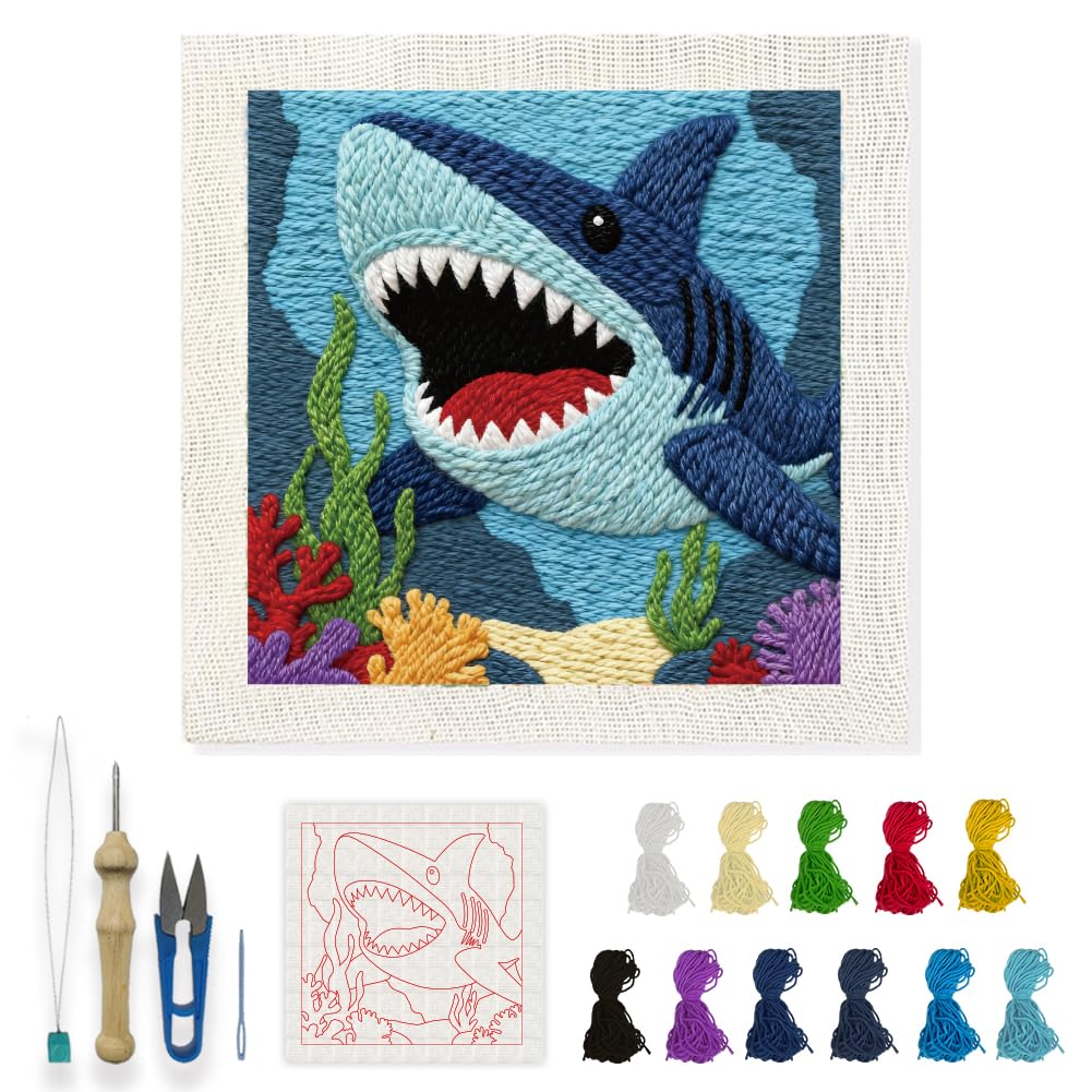 INFUNLY Blue Shark Punch Needle Kit 9.4x9.4 inches Punch Needle Embroidery Kits Ocean Animal DIY Needles Stitching Kits for Beginners with Instruction Yarns Christmas Birthday Hanging Decor