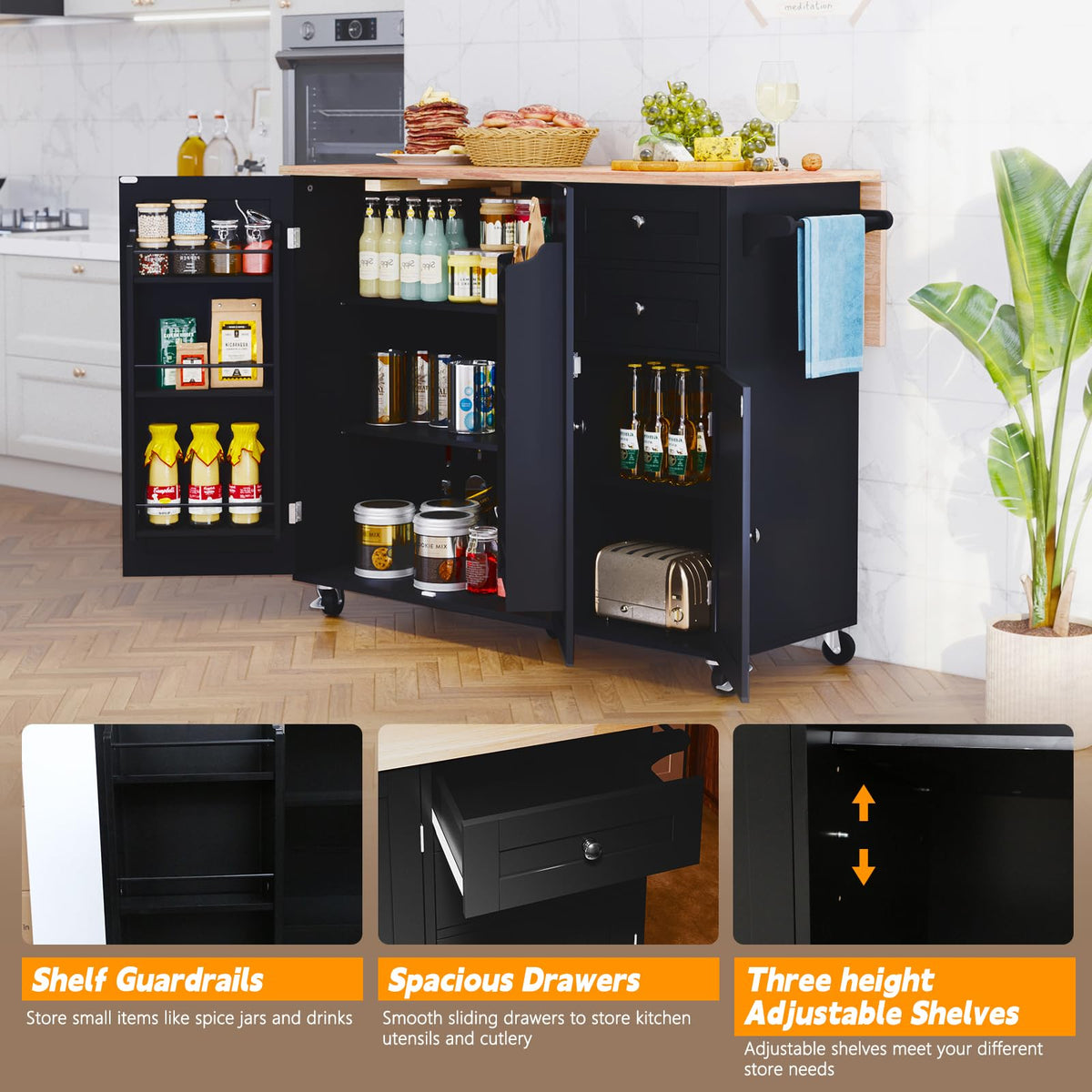 HLR Kitchen Island with Storage, Black Rolling Kitchen Island on Wheels with Drop-Leaf Bar Countertop, Island Table for Kitchen with Side Open Spice Rack and Tower Rack, Extra Storage for Kitchen