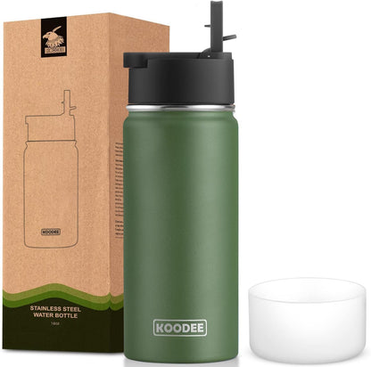 koodee 16 oz Stainless Steel Double Wall Vacuum Insulated Sports Water Bottle with Straw for Boys and Girls (Grass