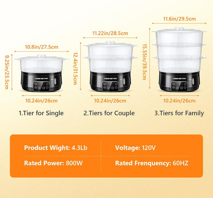 13.7QT 3 800W Electric Food Steamer for Cooking, Vegetable Steamer with Tiers BPA-Free Baskets, Digital Steamer