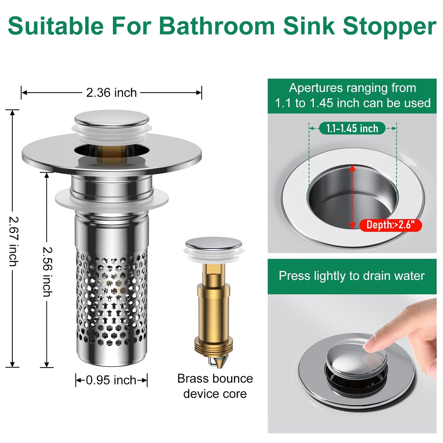 Bathroom Sink Drain Strainer,Universal Pop-Up Sink Stopper Hair Catcher, Anti-Clog Stainless Steel Drain Filter Basket, Removable Sink Drain for Bathroom Sink Stopper