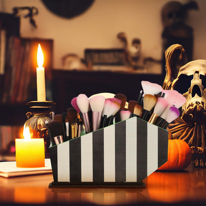 Beeveer Coffin Makeup Brush Holder Black Striped Gothic Makeup Brush Holder Wooden Organizer Gifts for Women Cosmetic Display Cases Spooky Pencil Brushes Organizer Bathroom Accessories