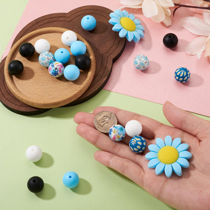 Bestewelry 23Pcs Spring Summer Theme Sunflower Silicone Focal Beads Turquoise Daisy Silicone Beads 15mm Round Rubber Bead for Pen Keychain Making Bracelet Necklace Making DIY Craft