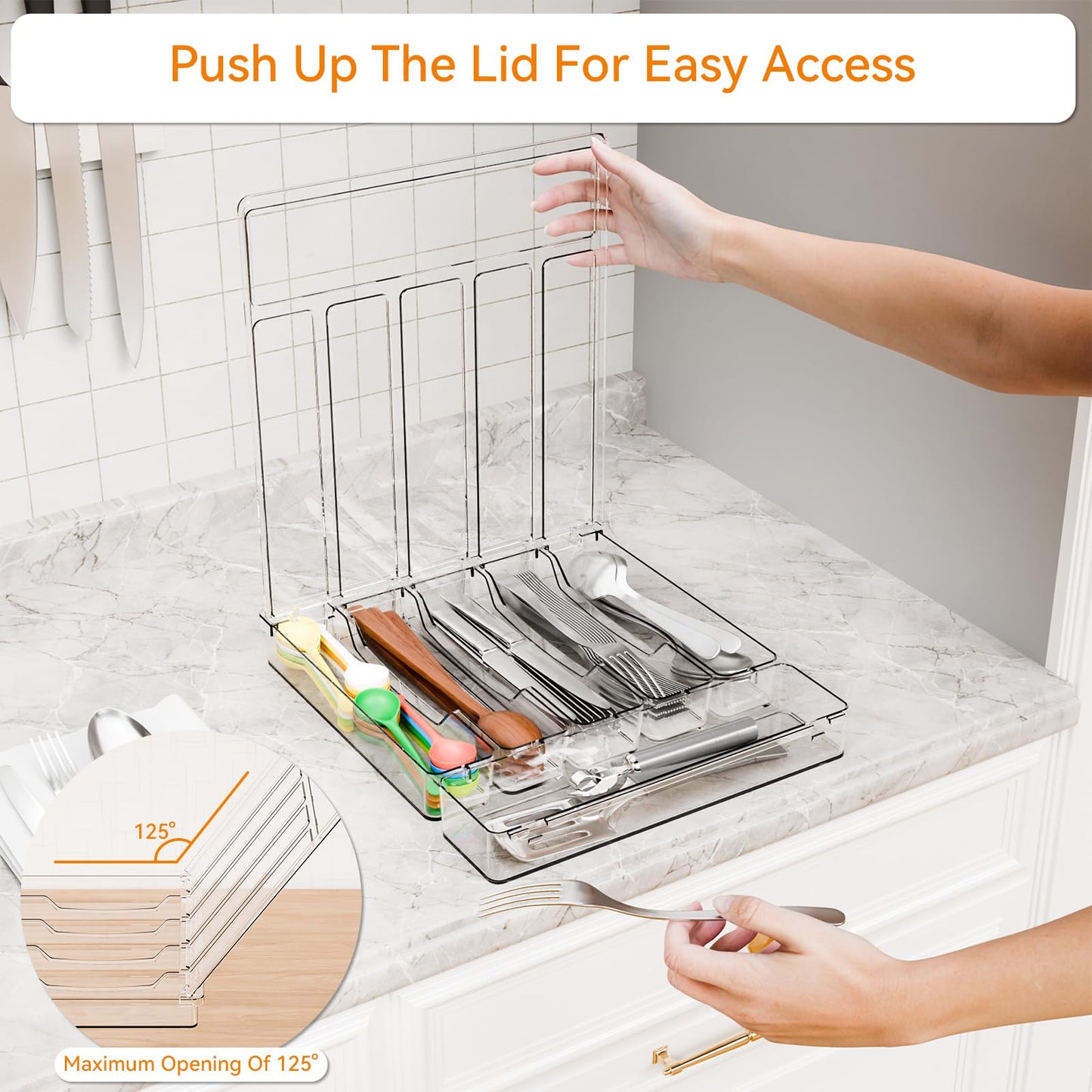Yieach Clear Silverware Organizer with Lid - 12 inch Wide - Large Silverware Drawer Organizer & Tray and Utensil Drawer Organizers with Lid,BPA Free Plastic Flatware Drawers Organizers for Fork,Spoon