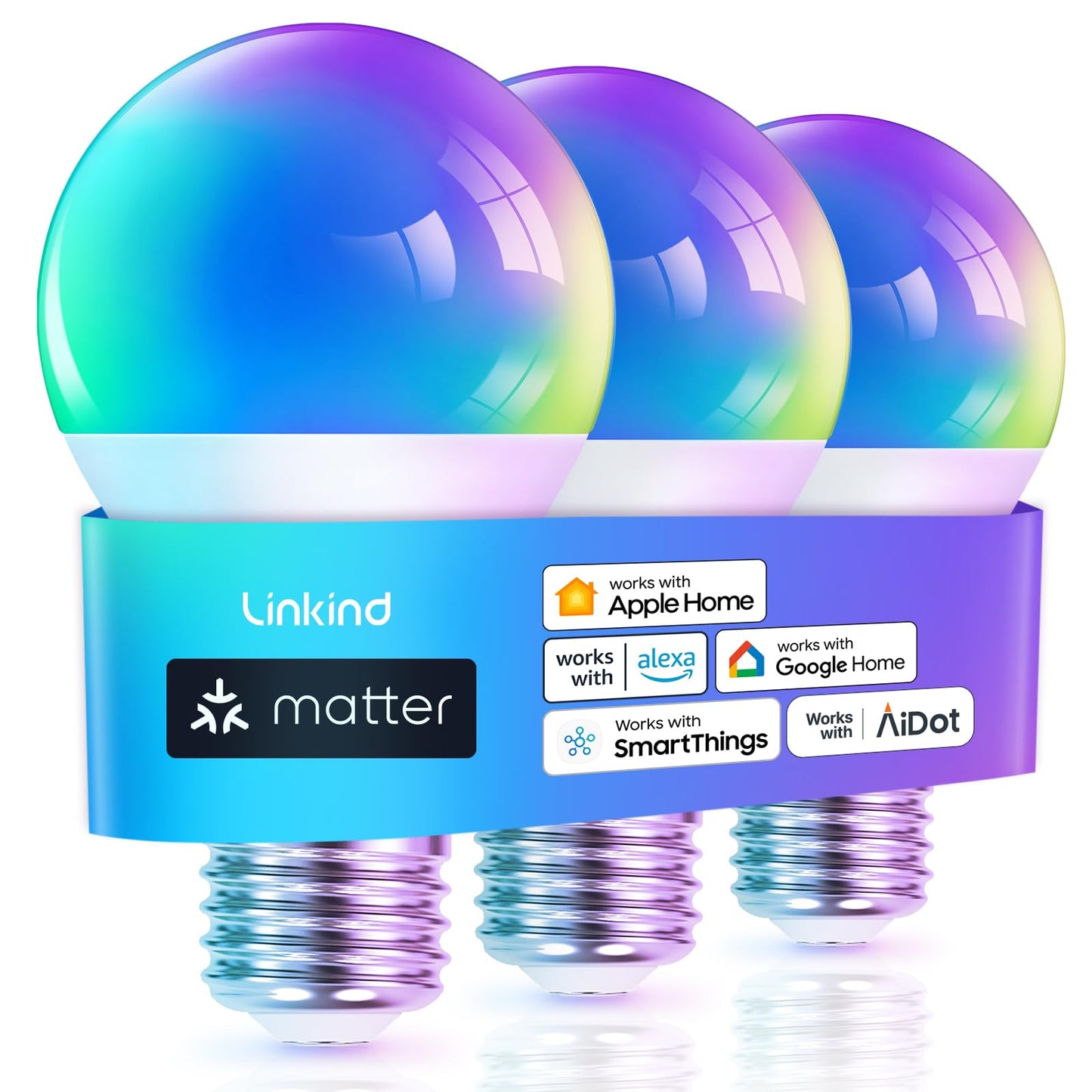 Linkind Matter Smart Light Bulb, Smart Bulbs Work with Apple Home, Siri, Alexa, Google Home, SmartThings, Color Changing Light Bulbs Music Sync RGBTW, Mood Lights, 2.4Ghz WiFi A19 E26 60W 800LM 6 Pack