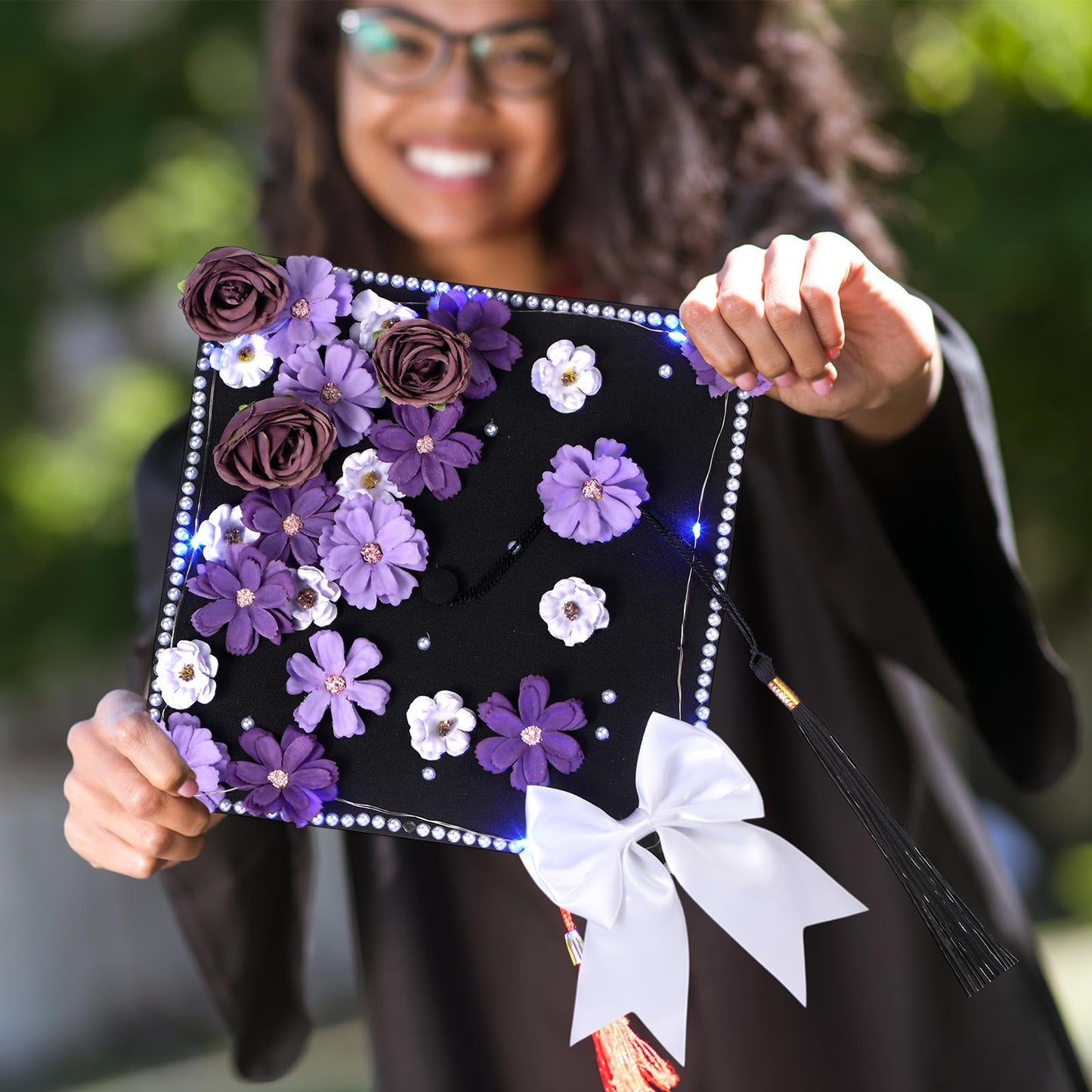 Solsew 50 Pcs DIY Graduation Cap with Lights Decoration Kit Include Artificial Flower String Light Ribbon Bow Pearl Sticker for DIY Cap 2026 Graduation Party(Blue Light, Purple Flower)