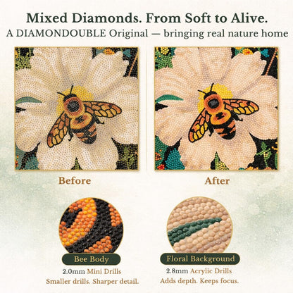 DIAMONDOUBLE Premium Diamond Art Kit for Adults on Velvet Canvas, 12x16 5D Full Drill Small Diamond Painting Kit for Beginners, Bee & Flower Hand-Drawn Design with Mixed Acrylic Round & Mini Diamonds