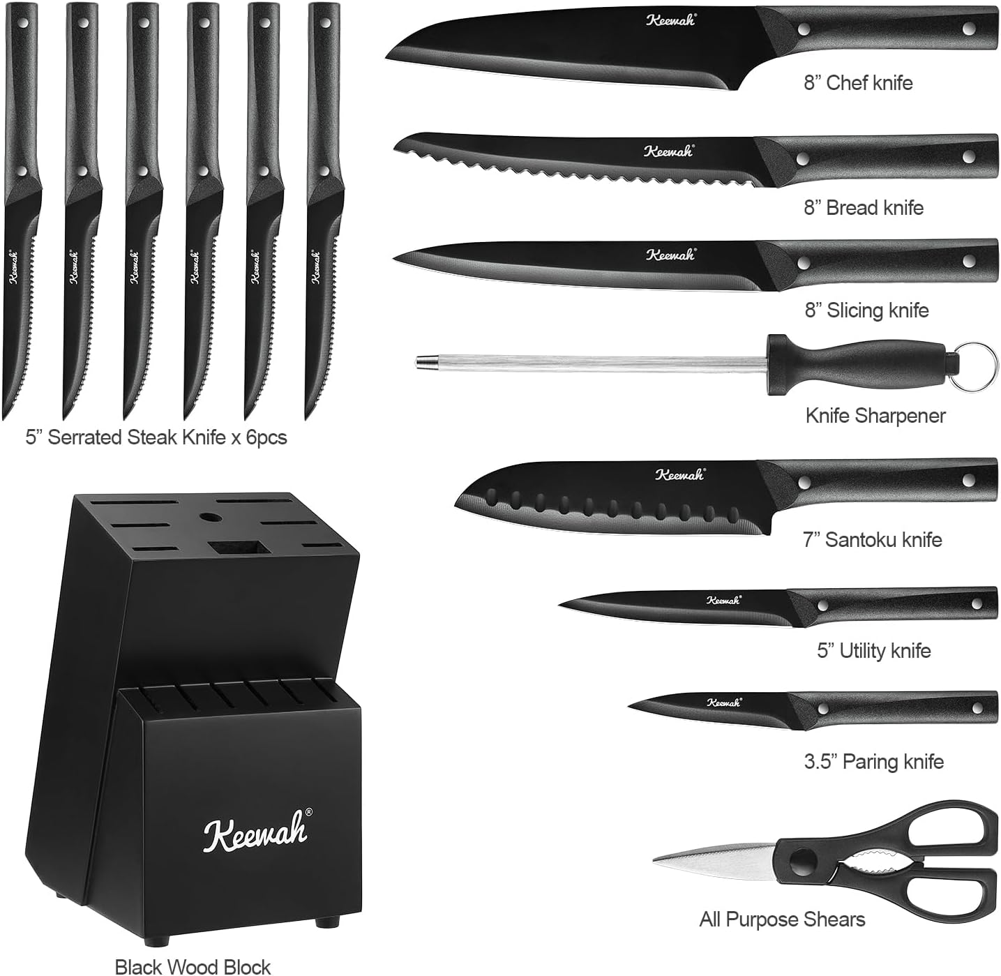 Keewah Knife Set, 15 Piece Kitchen Knives Set with Block, Black