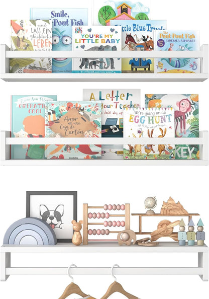 15.7 Inch Set 3, Floating Nursery Book Shelves for Wall, Nature Solid Wood Wall Mounted Bookshelf of Hanging
