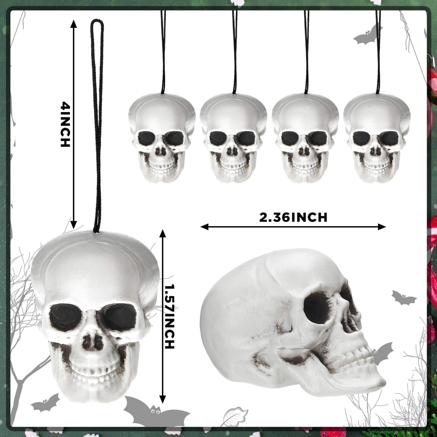 Skull Christmas Ornaments Gothic Tree Topper Spooky Christmas Decorations 1 Pcs Large Skull Tree Topper Bow and 24 Pcs Small Plastic Skeleton Head Hanging Ornament for Xmas Front Door Outdoor