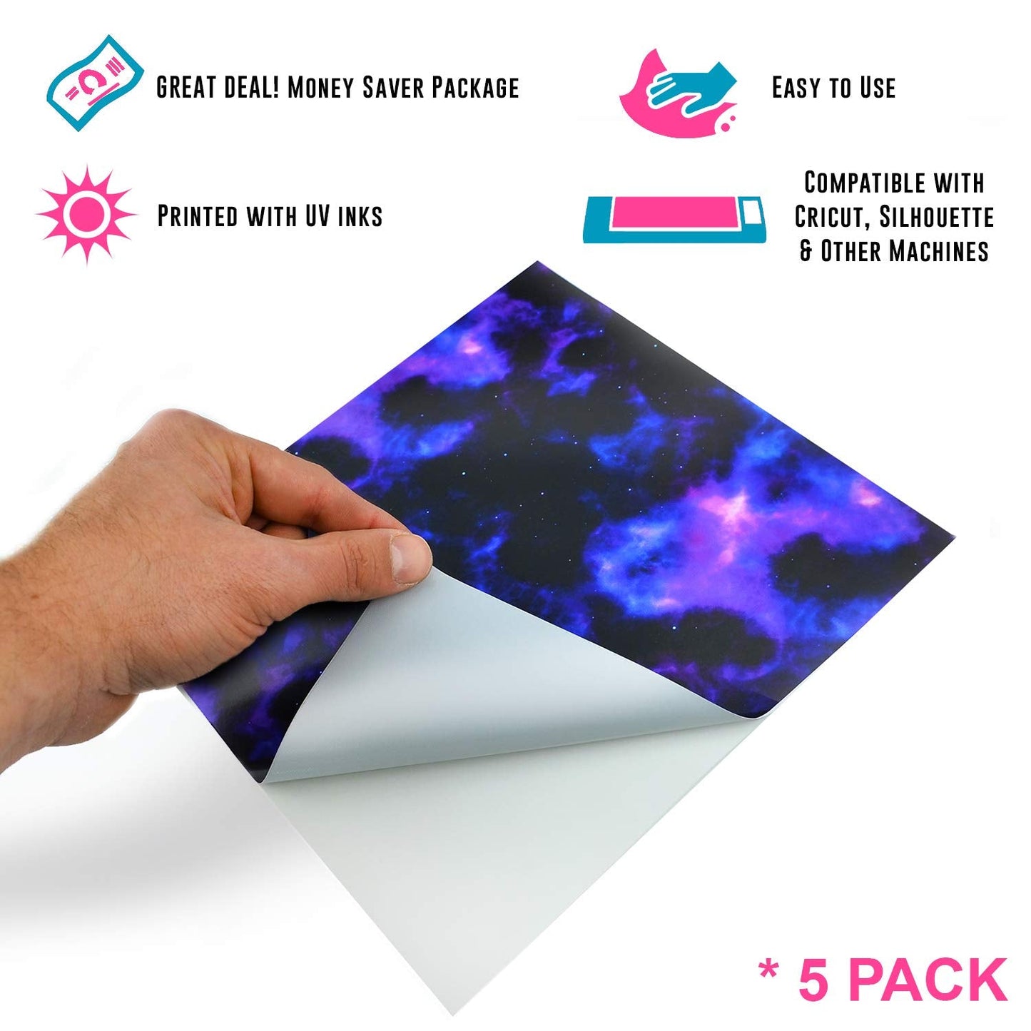 Craftopia Cricut Vinyl Squares |12 x 12-Inch| Galaxy Space Patterned Sheets for Design Transfers DIY Crafts, Scrapbooking - Glitter Vinyl Permanent Adhesive Decorative Supplies for Decals & Signs