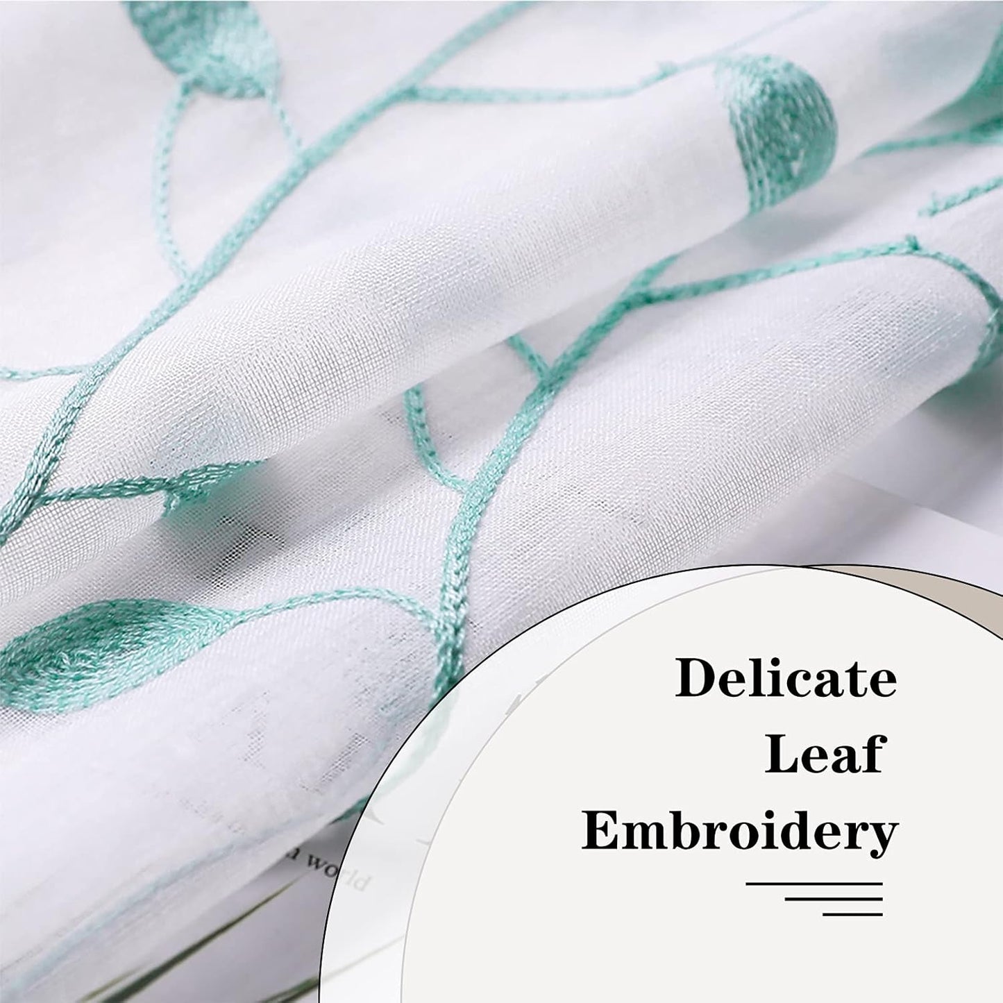 MRTREES Sheer Tier Curtains, Christmas Kitchen Tiers Rod Pocket, Leaf Embroidery Bathroom Curtain Panels, Aqua Blue