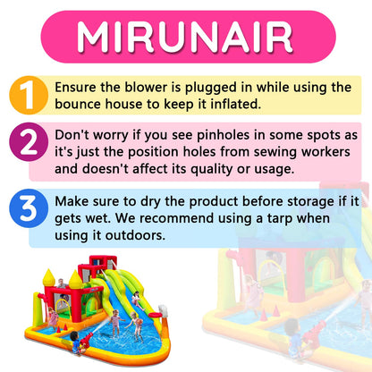 MIRUNAIR Inflatable Bounce House with Slides, Inflatable Water Slide for Kids Backyard, Bounce Water Prak with Air Blower, Splash Pool, Water Cannon, Climbing Wall, Outdoor Backyard Water Park