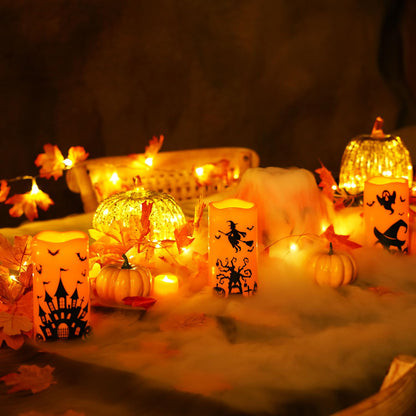 Homemory Halloween Candles, Orange Flameless Candles, Battery Operated Decals Plastic LED Pillar Candles with Remote Timers for Outdoor Day of The Dead, Halloween Spooky Decor, Waterproof, Set of 3